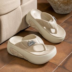 Womens Stylish Summer Platform Flip-Flops - Comfortable EVA Material Thick Sole Easy Slide Design White & Brown Accents Perfect for Casual Wear