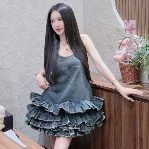 DX_Đầm thiết kế bầu đầm mặc hè chất Jean dáng ngắn suông babydoll phối nhiều tầng bồng xòe dễ thương