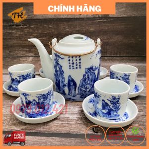 Bộ ấm Tích Bát Tràng  men lam tích Trúc Lâm Thất Hiền ấm trà uống trà tươi trà xanh trà lá