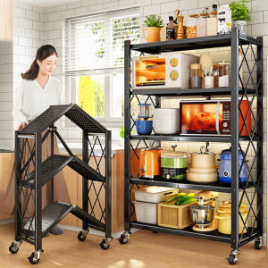 foldable kitchen storage rack Three floors four floors and foldable storage rack with Wheel Movable for Metal Storage Rack Kitchen Rack