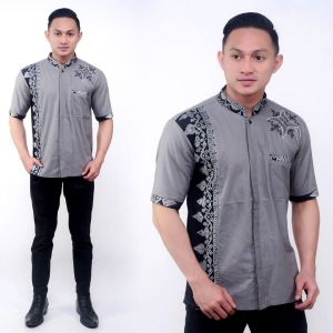 MODESTORE - Baju Koko Pria Baju Koko Muslim Pria Terbaru Baju Koko Bordir Kombinasi Batik Lengan Pendek Murah KOKO ABU