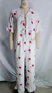 2026 Spring and Summer New Short Sleeve Long Pants Heart Print Simple Womens Pajama Set with Bow Tie Home Wear