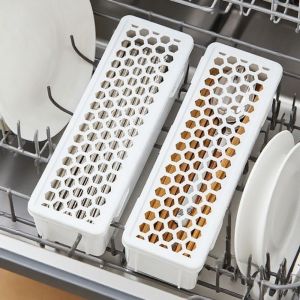 OKDEALS01 Plastic Dishwasher Tableware Cleaning Box Hollow Out Food Grade Tableware Storage Basket Practical Space Saving Spoons Drain Storage Rack for Kitchen
