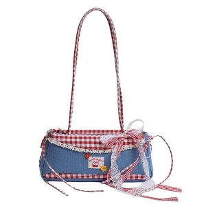 DYJKOUG Ngọt ngào Túi xách tay kiểu Pháp Xanh denim Cung Túi đeo vai kẻ caro Phù hợp mọi đối tượng Màu sắc tương phản Túi vải dưới cánh tay Phụ nữ