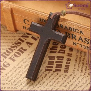 Suomi Wooden Cross Necklace On Leather Cord For Pendant In Black Brown Tone Jewelry