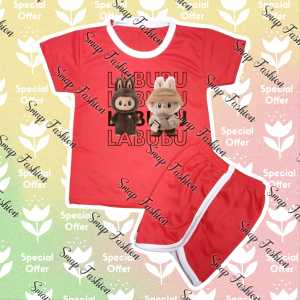 Setelan Kaos Anak Perempuan Dan Cowok Celana Pendek Motif LABUBU/BERUANG Ukuran 6 Bulan - 7 Tahun
