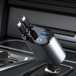 120W Car Charger 4-in-1 180° Adjustable Angle Dual Port Type-C+iPhone Fast Charging  Retractable Cable USB Charge Adapter