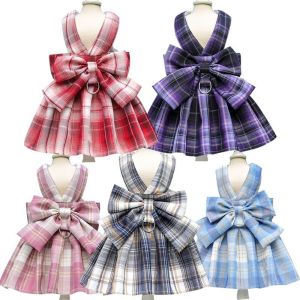 CHLOCH Adjustable Dog Dress Set Mesh Breathable with Traction Rope Dog Harness Cute Comfortable JK Plaid Skirt for Small Girl Dogs