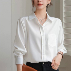 Women plain casual loose pocket shirt Long sleeved top