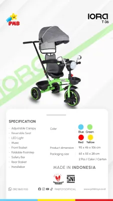 SEPEDA RODA TIGA ANAK PMB IORA T16 SEPEDA STROLLER IORA T-16 RODA TIGA SEPEDA ANAK TIGA RODA IORA T16 TERBARU PROMO HARGA TERMURAH SPEC LENGKAP SEPEDA ANAK RODA TIGA // T36 // Sepeda Anak Roda Tiga ET 1272 //SEPEDA et 1273 //TRICYCLE AT-7916 (4 IN 1)