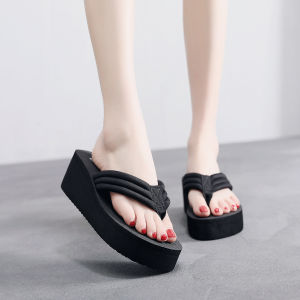Free Shipping New Summer Collection: Fashionable High-Heeled Flip-Flops And Beach Sandals For Women Featuring A Wedge Heel And Thick Soles With Fabric Straps