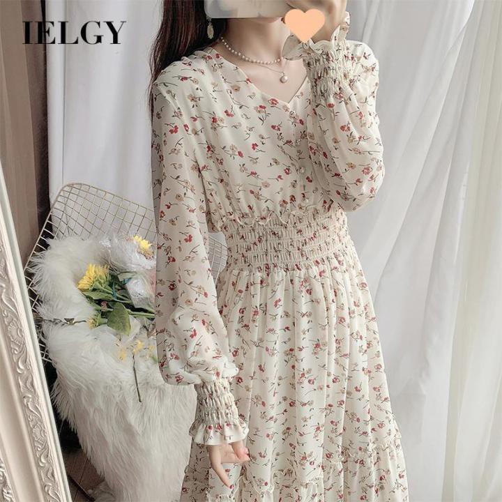 IELGY fresh floral chiffon korean style ruffled dress for women Long Sleeve  V-Neck Chiffon Dress Polyester A-Line Dresses For Women Casual Full Length  Floral Print Dress - Lazada