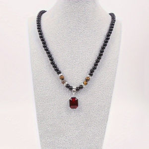 Salime Black Beads With Square Pendant Necklace For Men Trendy Accessories Jewelry Male Gift Decoration