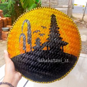 Tampah lukis hias panorama senja / wall décor café / prakarya dari bambu gambar pura