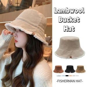 DJDK Simple Lamb Wool Bucket Hat Casual Sun Protection Plush Fishman Hat Soft Winter Pure Color Warm Caps Autumn and Winter