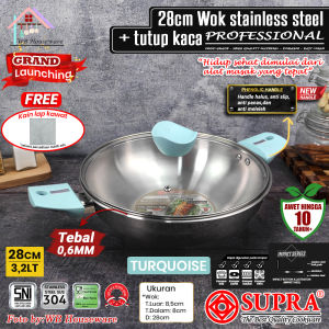 SUPRA New wok 28cm + tutup kaca knob professional stainless steel SUS304 pastel Turq  handle impact bottom / wajan