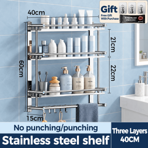 DecorX Stainless Steel Bathroom Shelf Bathroom Organizer Towel Rack Wall Mounted Organizer Shelf Rack With Hooks Toilet