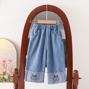 REALSELF กางเกงเด็กหญิง กางเกงยืนส์เด็กหญิง ลายกระต่ายสุดน่ารัก กางเกงยีนส์ขากว้างสวมใส่สบายของเด็กผู้หญิงเอวยางยืด24111