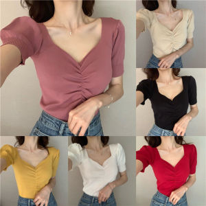 8สีสไตล์เกาหลีผู้หญิงพัฟแขนสั้นอินเทรนด์ Crop Tops Slim Fitting V คอเสื้อยืด Top Tops