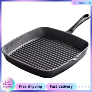 [Chinatera Flagship Store] Iron Steak Frying Pan Non-coated Household Square Stripes Frying Steak Pan Non-stick No Coating Fish Frying Pan Pot Camping Saucepan Omelet Pot