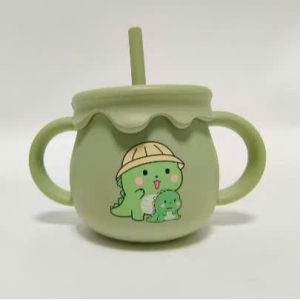 Cốc tập hút silicone cho bé có hoạt tiết dễ thương có tay cầm và kèm ống hút silicone dễ vệ sinh