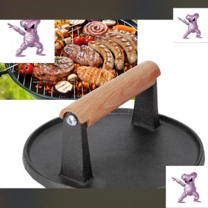 Heavy Duty Cast Iron Grill Press Steak Press Bacon Wood Handle Meat Burger Smasher Press BBQ Accessories