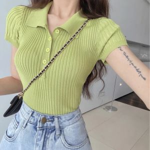 Áo thun polo len dệt kim nữ tay ngắn kiểu cổ đức phong cách Hàn Quốc trẻ trung
