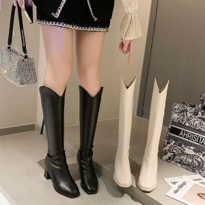 Giày bốt đùi nữ cổ chữ V gót vuông 5cm hàng full box cực xinh