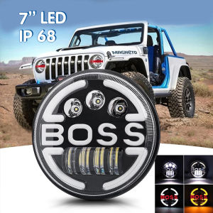 BOSS 80W 7Inch LED Round Headlight Universal For Jeep Car 12V 24V High And Low Head Light LED Running Signal Light Boss Angel Eyes LED Headlight