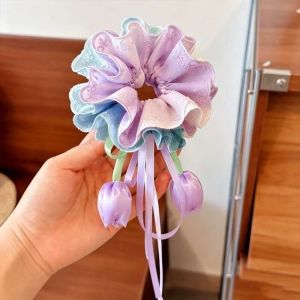 LUV LIVING Sweet-style Tulip Hair Scrunchie Multicolor Floral Kids Bun Maker Flower Hair Rope Handmade-feel Ribbon Hair Tie Dailywear