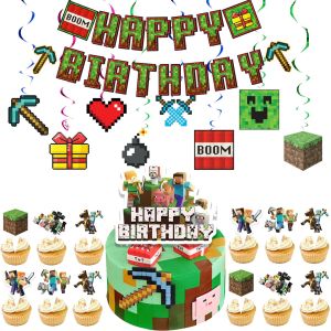 New minecraft theme party banner latte flower decoration pixel game spiral pendant balloon cake power strip