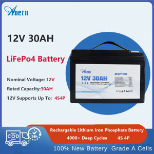 Anern 12v30ah LiFePO4 Battery Lithium Battery 12.8V 30AH Intelligent BMS 4000+ Cycles Support Series  Rechargeable Solar Battery For Outdoor Camping Hiking
