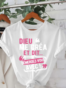 Casual Crew Neck T-Shirt with French Quote "Dieu Me Cest Mon Saint" - Playful Letter Print Short Sleeve Top for Spring