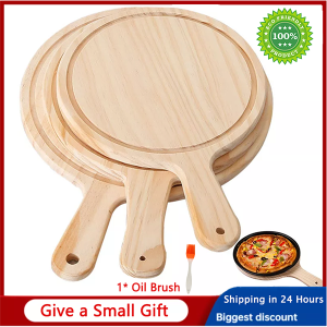 Wooden Pizza board Round with Hand Pizza Baking Tray Pizza Stone Cutting Board Platter Pizza Cake Bakeware Tools