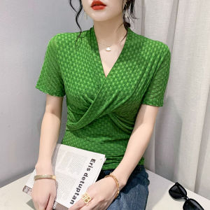 Áo Tím 2023 Cổ Chữ V Đính Cườm S ~ 3XL YIGE Trang Phục Mùa Xuân Mới Áo Thời Trang Xếp Li Thon Áo Thun Trễ Vai Ngắn Tay Xu Hướng Cho Nữ