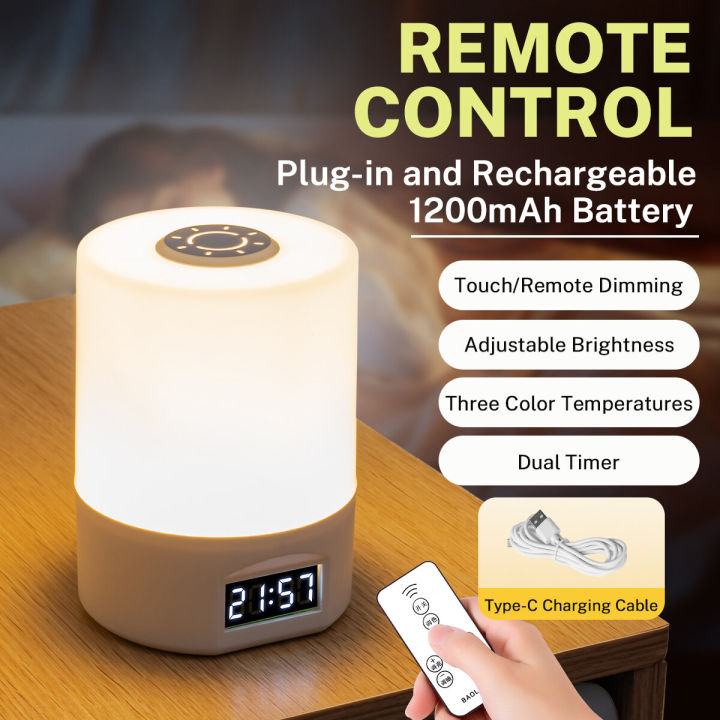 Dimmable LED Night Lamp with Clock Time Display 3Colour Touch Lights ...