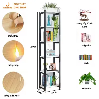 VNH-516 Kệ sắt mặt gỗ trưng bày sản phẩm kệ sách kệ cây trang trí phòng khách phòng làm việc 6 tầng