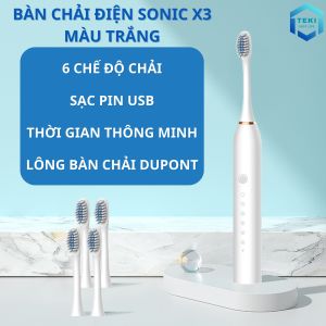 Bàn Chải Điện Đánh Răng Sonic X3 MÀU TRẮNG Thông Minh 6 Chế Độ Làm Sạch Tặng Kèm 4 Đầu Thay Thế Lông Mềm Cao Cấp | TEKI