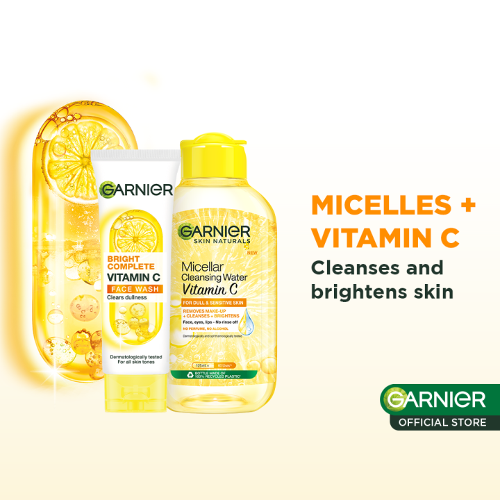 Garnier Vitamin C Double Cleansing Duo: Foam Cleanser & Brightening Micellar Water – Skincare for Brightening Dark Spots, Acne Marks, Hyperpigmentation