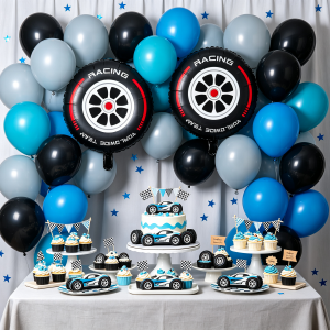 52pcs balloon set Blue Enchantress racing-themed balloons with wheel foil perfect for racing-themed party decorations birthday parties outdoor sports parties track-themed decorations family race parties and party balloon decorations.