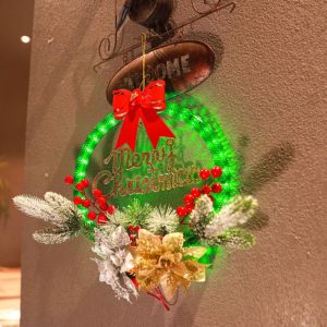 QEARC Hanging Christmas Wreath Glowing Timer Function Artificial Wreaths Christmas Garland Battery/USB Powered Xmas Decorations Front Door