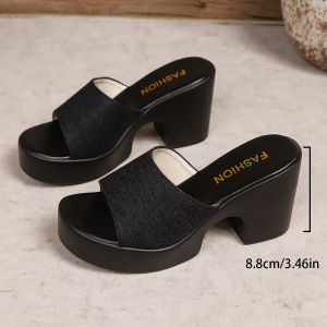 Summer High-Heeled Slippers For Women Stylish Denim 2025 New Model Large Size Chunky Heel Sandals Size 43