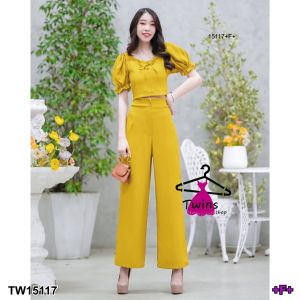 P15117 Set 2 ชิ้น เสื้อแขนพอง อกจับจีบผูกโบว์ + กางเกงขายาว