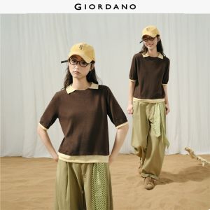 GIORDANO Women Sweaters Wool-Blend Fake Two-Piece Contrast Knitwear Short Sleeve Fashionable Casual Knitwear 18356314