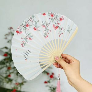 FOUNDTWO New Chinese Style Folding Fan with Tassel Vintage Hand Cranked Fan Traditional Decorative Shell Shape Fan For Girls