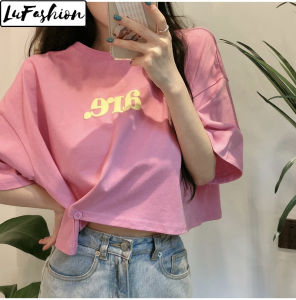 LuFashion Crop Tops for Women Korean Style Loose Short Sleeve Cotton T-Shirts