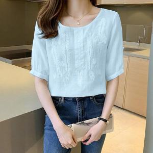 เสื้อผู้หญิงลายปักแฮนด์เมด ผ้าฝาลินินระบายอากาศชั้นดี แขน3ส่วนสไตล์มินิมอล ใหม่ล่าสุดหน้าร้อน