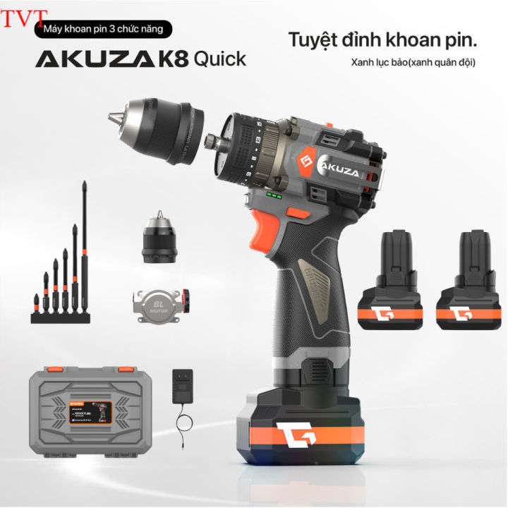 Máy Khoan Pin AKUZA K8 QUICK Đầu 4 trong 1 - Có Búa - Mắc gài kim loại ...