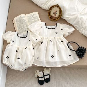 2026 Summer New Baby Girl Pull Sleeve Dress Infant Girl Cute Bow Gauze Dress Toddler Sweet Princess Dress Kids Sisters Clothing2026