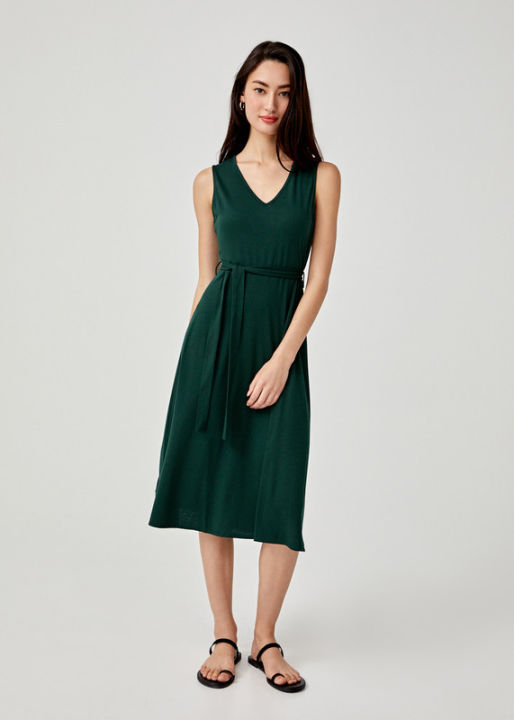 Final Sale]:Love Bonito Kadence Sash Tie Midi Dress Black Green V-Neck Midi  Dress Summer Day Picnic Dress Midi Length Flare Hem Dress - Lazada | Lazada